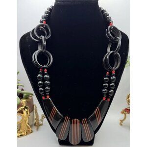 70s Vintage Mod Laminated Plastic Horn Lucite Necklace Bold Red & Black Pendant